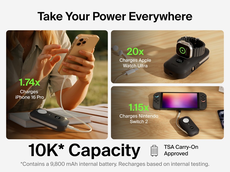 Belkin BoostCharge Pro Power Bank 10K with Apple Watch Charger provides TSA-approved capacity to recharge iPhone 16 Pro, Apple Watch Ultra, and Nintendo Switch 2 on the go.