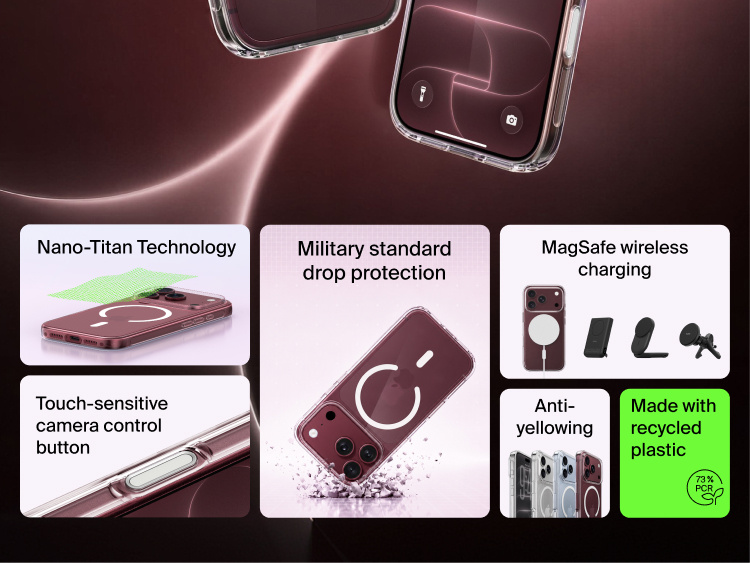 Belkin Clear Series Case for iPhone 18 Pro Max highlighting Nano-Titan Technology, military-standard drop protection, MagSafe wireless charging, touch-sensitive Camera Control button, anti-yellowing protection and recycled plastic.