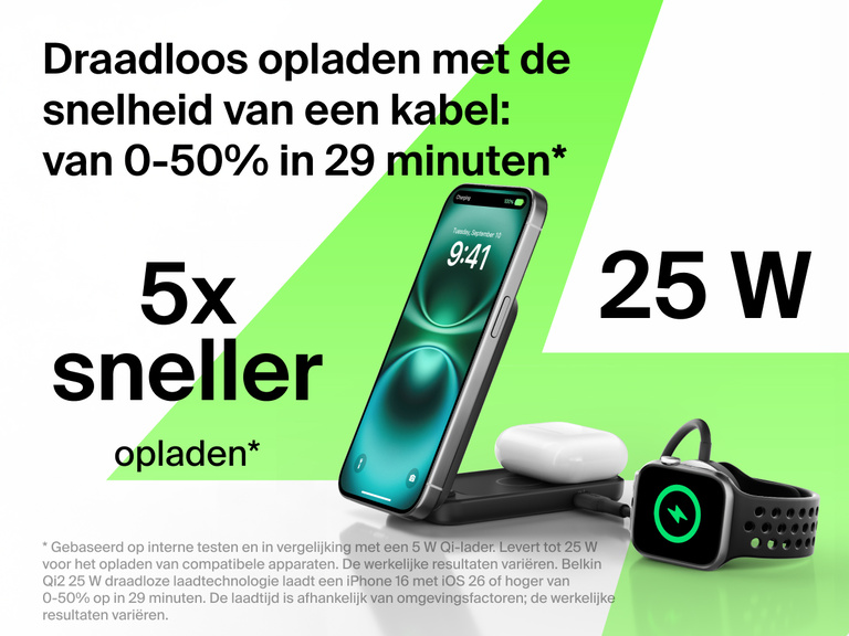 De Belkin UltraCharge 2-in-1 uitklapbare magnetische lader met Qi2 25W laadt een iPhone, AirPods en een Apple Watch tot 50% op in 29 minuten met vijf keer snellere draadloze prestaties.