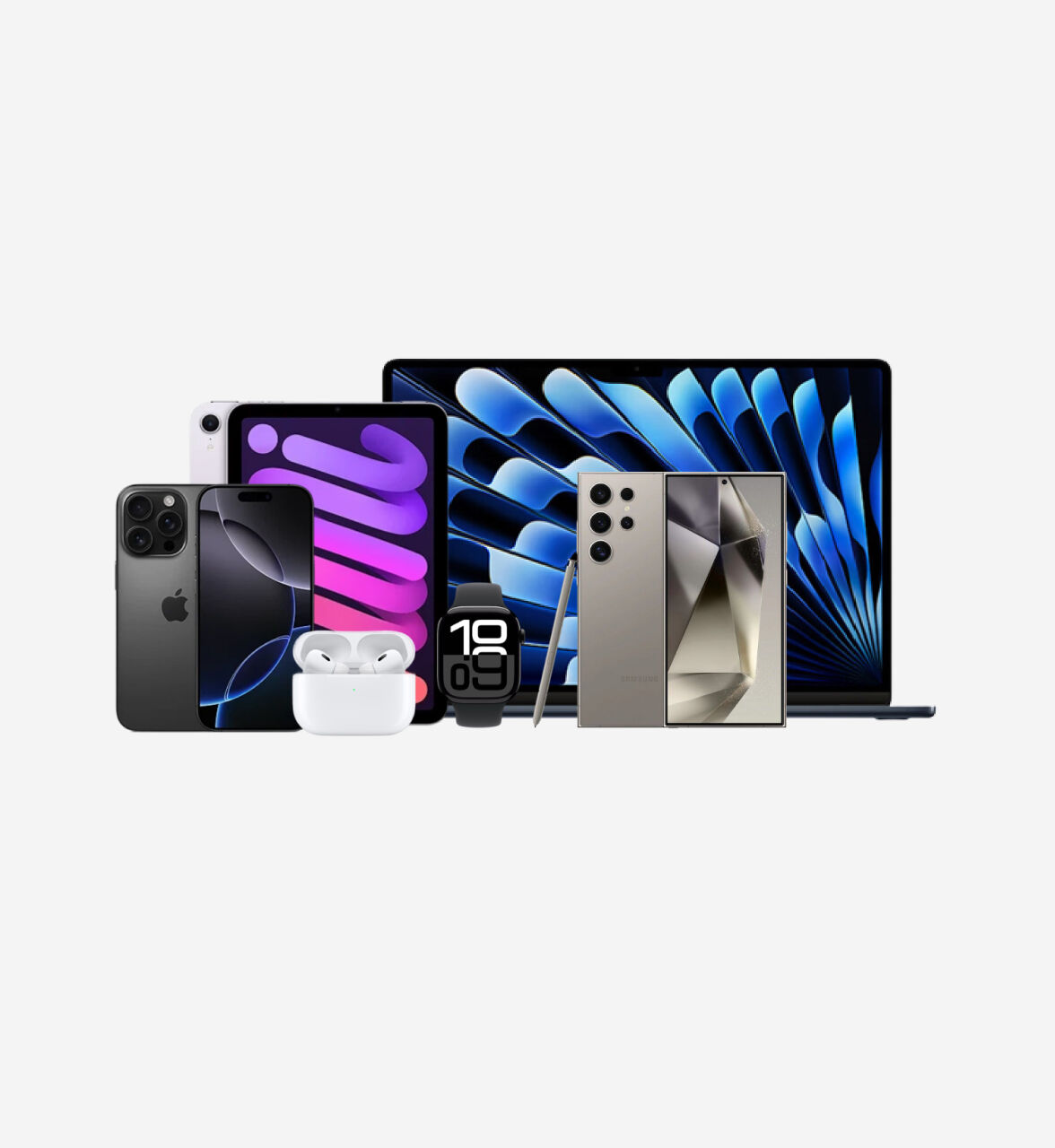 スマートフォン、タブレット、ノートパソコン、スマートウォッチ、ワイヤレスイヤホンなど、さまざまなUSB-C対応デバイスのコレクション。Belkin Cubic Charger 45Wの汎用的な互換性が特徴です。