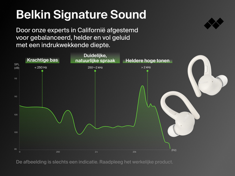 Belkin SoundForm ActiveFit Wireless Earbuds engineered in California with signature sound tuning for powerful bass, clear vocals, and crisp treble.