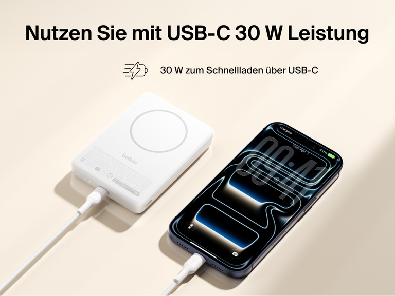 Slim Magnetic Power Bank 10K with Qi2 connected via USB-C cable delivering fast charging to smartphone