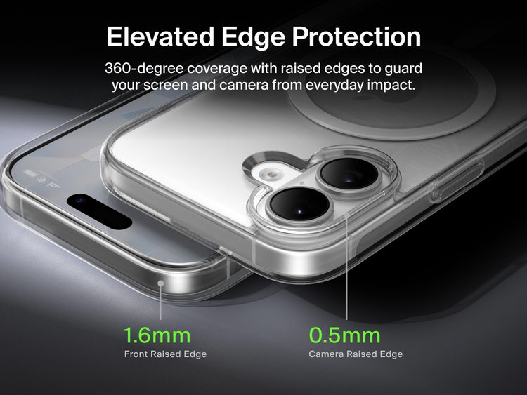 Belkin SheerForce Clear Series Case for iPhone 17 with elevated edge protection featuring 1.6mm front raised edge and 0.5mm camera raised edge for 360-degree coverage.