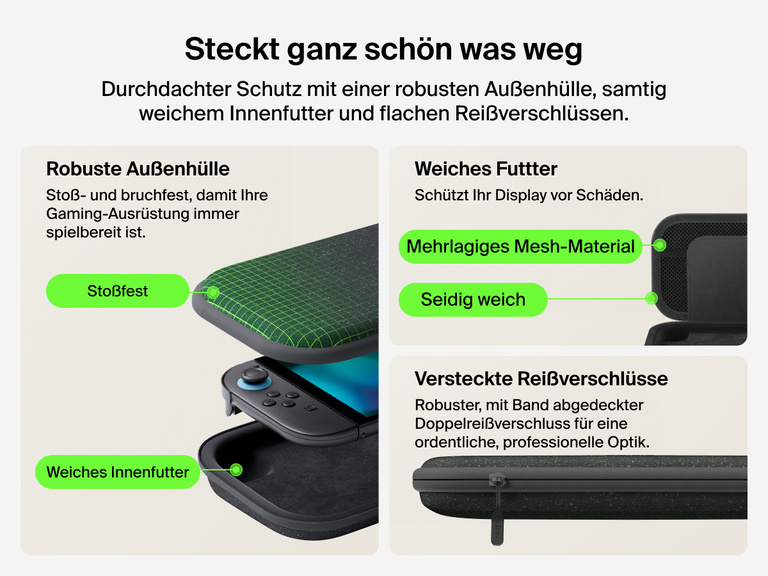 Belkin Gaming Travel Case für Nintendo Switch 2 mit robuster Hartschalen-Außenhülle, samtigem Futter und Mesh-Material an der Innenseite sowie belastbaren Reißverschlüssen für strapazierfähigen, stylischen Schutz für unterwegs.