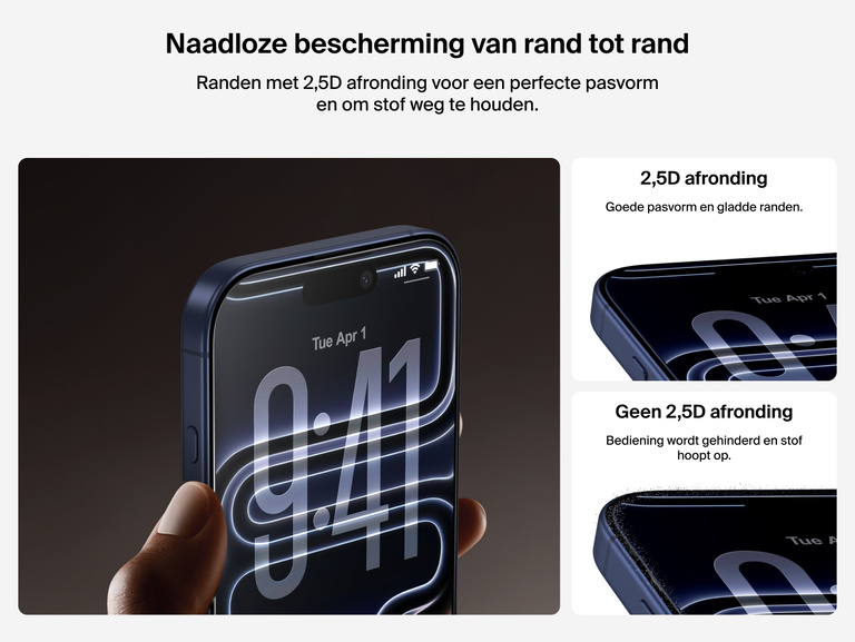 Belkin ScreenForce InvisiGlass-screenprotector met een afronding van 2,5D voor een goede pasvorm en om ophoping van stof aan de randen te voorkomen.