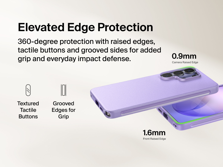 Belkin SheerForce Protect Series Case for Samsung Galaxy S26 featuring elevated edge protection with raised camera and screen edges, tactile buttons, and grooved sides for enhanced grip and everyday impact defense.