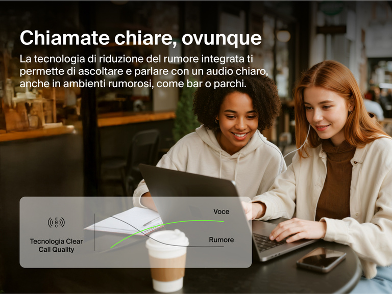 Belkin SoundForm ANC Wired Earbuds with USB-C® feature built-in noise reduction for clear call quality in busy environments like cafes or parks.