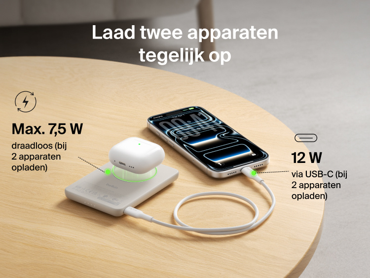Belkin BoostCharge Slim Magnetic Power Bank 5K with Qi2 charging two devices simultaneously using magnetic wireless charging and USB-C wired output for shared power.