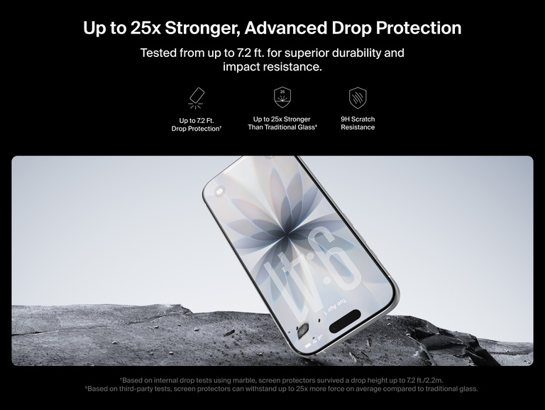 Belkin ScreenForce UltraGlass 2 Screen Protector delivers up to 25x stronger protection with 7.2 ft drop resistance and 9H scratch durability for iPhone.