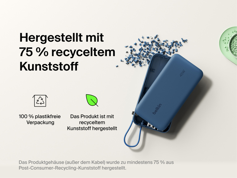 Belkin UltraCharge 10K power bank with integrated USB-C cable and digital display made with 75% recycled plastic and eco-friendly packaging