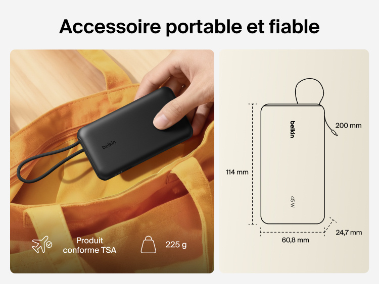 Belkin UltraCharge 10K power bank with integrated USB-C cable and digital display shown as a lightweight, TSA carry-on approved portable charger for everyday travel