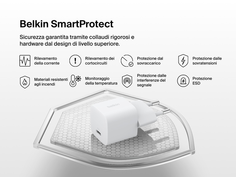Belkin BoostCharge USB-C Wall Charger 25W shown with Belkin SmartProtect features, including over-voltage, surge, and short-circuit protection for enhanced charging safety.