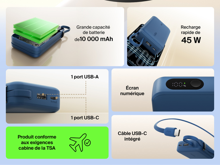 Belkin UltraCharge 10K power bank with 45W fast charging, integrated USB-C cable, digital display, USB-A and USB-C ports, and TSA carry-on approved design.