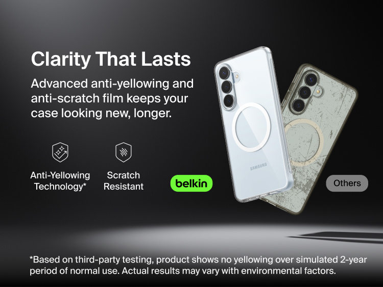 Belkin SheerForce Clear Series Case for Samsung Galaxy S26 shown alongside a comparison case, highlighting long-lasting clarity with anti-yellowing technology and scratch-resistant protection for everyday use.