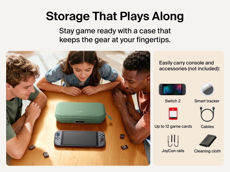 Belkin Gaming Charging Case Pro for Nintendo Switch 2 shown storing the console, game cards, cables, and accessories for organized, game-ready portability.
