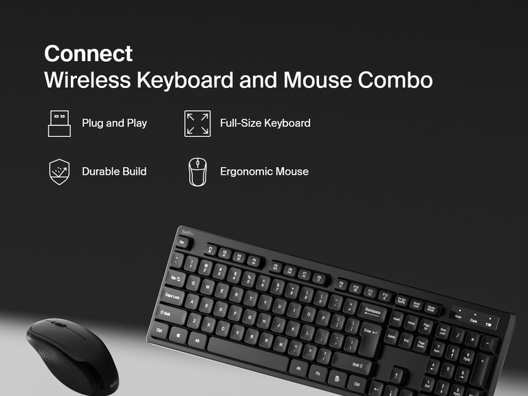 A black Belkin Connect Wireless Keyboard and Mouse Combo is displayed on a dark background with icons and text highlighting its plug-and-play setup, full-size keyboard, durable build, and ergonomic mouse.