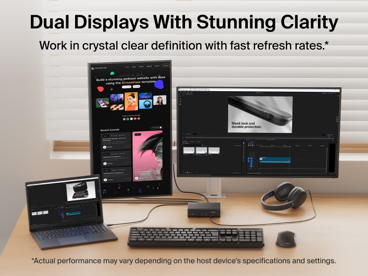 Universal 14-Port Dual Display USB-C Dock powering a dual display workspace with multiple apps across screens