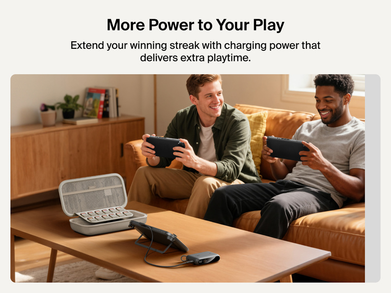 Two men gaming on Nintendo Switch 2 consoles while the Belkin Gaming Charging Case powers a device on the coffee table, showcasing extended playtime with built-in game card storage and charging.