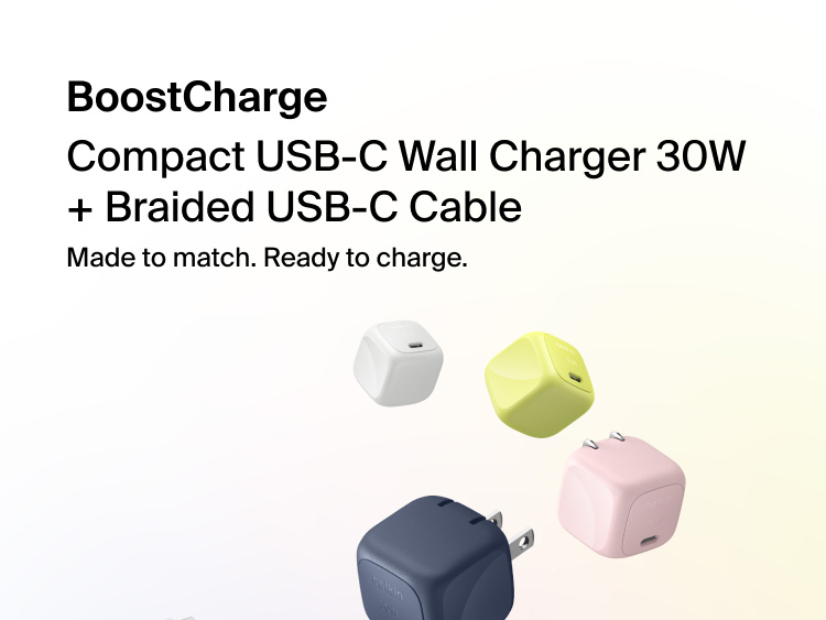 Belkin BoostCharge Compact USB-C Charger 30W with braided USB-C cable, designed to match MacBook Neo and provide compact fast charging.