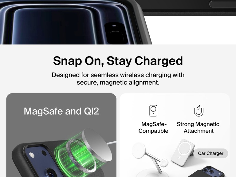 Belkin ScreenForce Protect Series Case for iPhone 17 with raised edges for screen and camera protection, designed for seamless magnetic wireless charging.