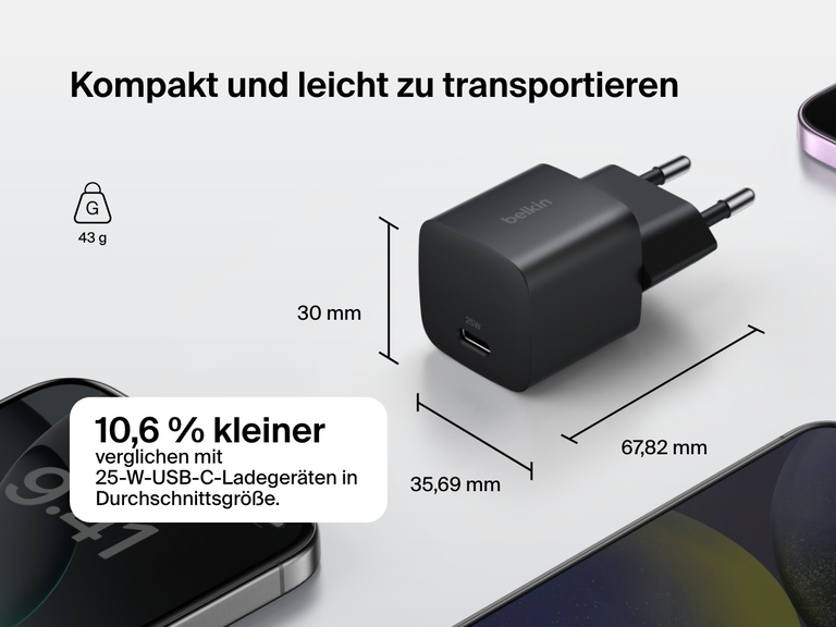 Belkin BoostCharge USB-C Wall Charger 25W shown with foldable prongs, compact dimensions, and 48% smaller size compared to standard 25W USB-C chargers for enhanced portability.