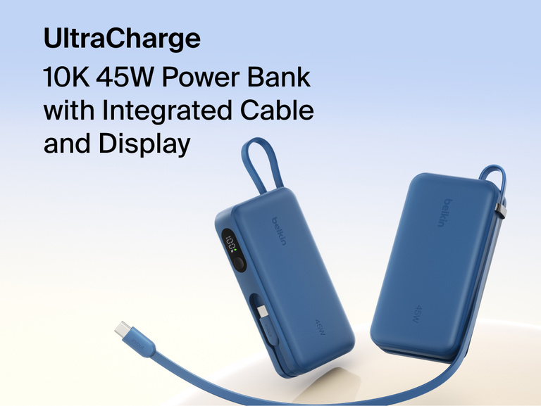 Belkin UltraCharge 10K 45W power bank with integrated cable and digital display showing battery level, designed for fast portable charging.