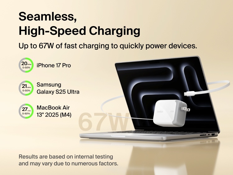 Belkin UltraCharge Retractable GaN Wall Charger 67W fast charging laptop with built-in retractable USB-C cable, delivering high-speed power for iPhone, Samsung Galaxy, and MacBook devices.