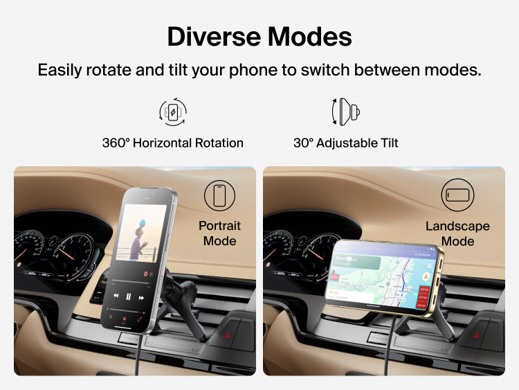 Belkin BoostCharge Magnetic Wireless Charging Car Vent Mount shown in portrait and landscape modes with 360° rotation and 30° tilt for adjustable in-car phone viewing.