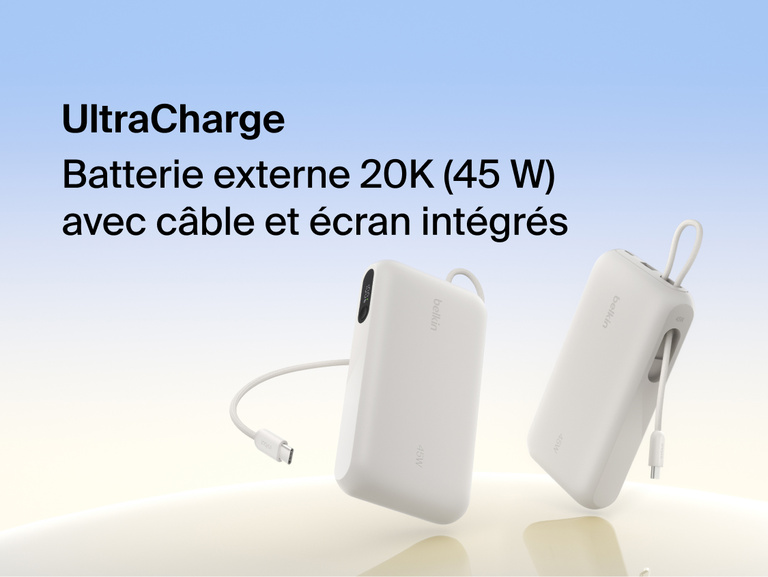 Belkin UltraCharge 20K 45W power bank with integrated USB-C cable and digital display showing portable high-capacity fast charging solution