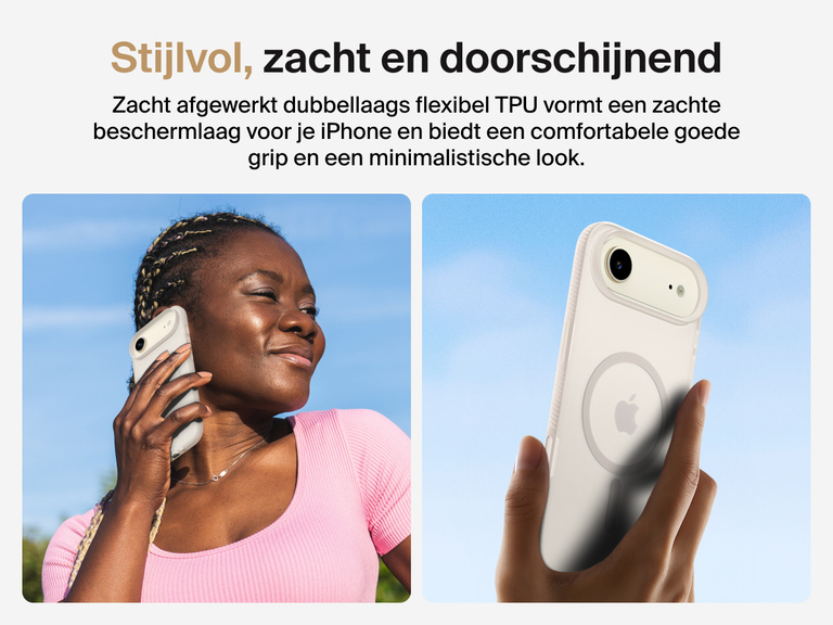 Belkin SheerForce Grip Series Case for iPhone 17 with slim translucent design and soft-touch finish for a comfortable grip.