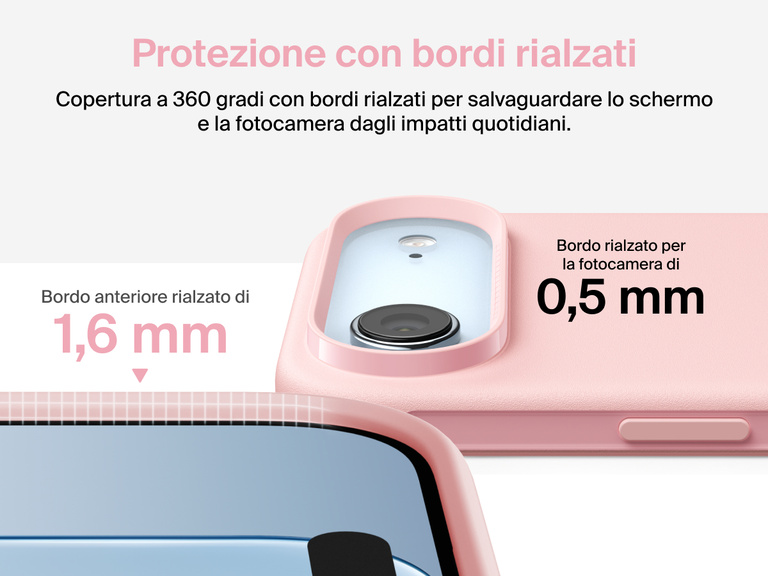 Immagine della custodia Belkin SheerForce Protect Series per iPhone 17 con design dei bordi rialzati e protezione dalle cadute di grado militare (fino a 4 metri).