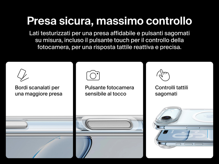 Belkin SheerForce Clear Series Case for iPhone 17 with grooved edges, tactile molded controls, and touch-sensitive camera button for secure grip and seamless control.