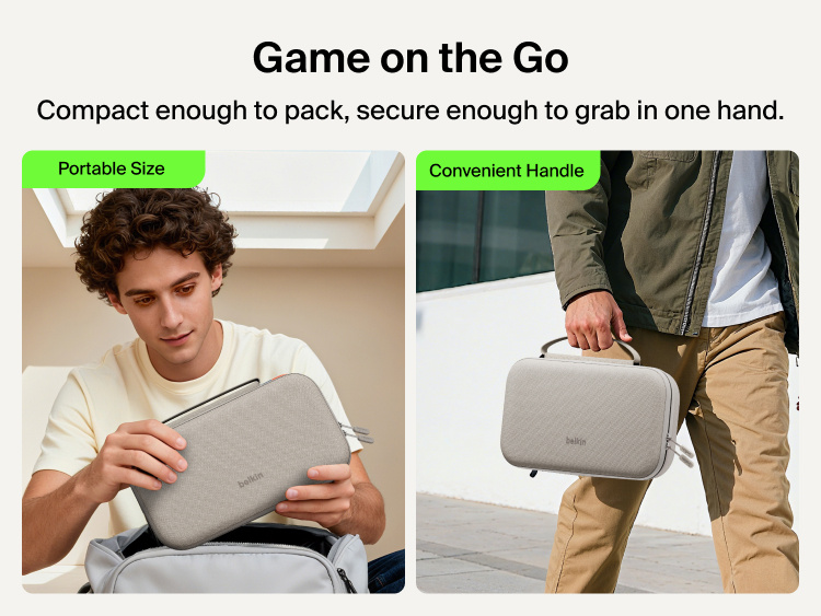 Belkin Gaming Charging Case Pro for Nintendo Switch 2 shown in a compact portable design with convenient carry handle for gaming on the go.