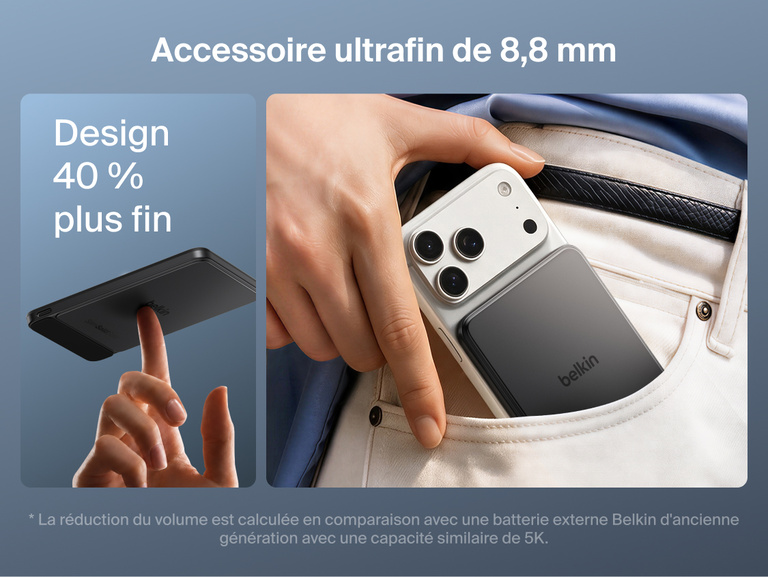Image de la batterie externe magn&eacute;tique Belkin&nbsp;UltraCharge&nbsp;Pro&nbsp;Slim&nbsp;5K avec BoostSolid&nbsp;Cell en &eacute;quilibre sur un doigt et aimant&eacute;e &agrave; un smartphone dans une poche, soulignant sa finesse exceptionnelle de 7,6&nbsp;mm.