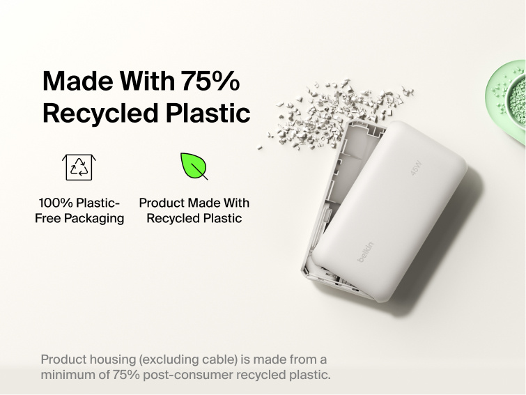 Belkin UltraCharge 10K power bank with integrated USB-C cable and digital display made with 75% recycled plastic and eco-friendly packaging