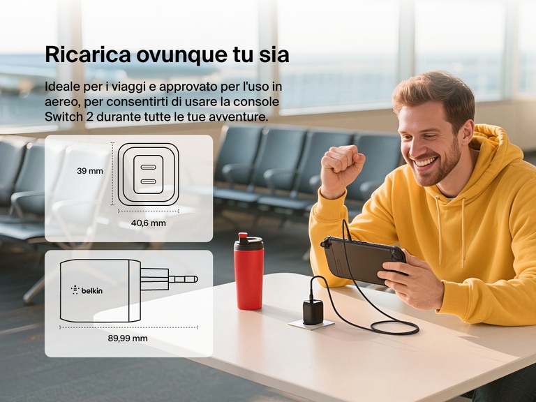 Il doppio caricabatteria da parete USB-C da 65 W Belkin Gaming permette di ricaricare Nintendo Switch 2 durante gli spostamenti, grazie ad un design compatto e ideale per il trasporto nel bagaglio a mano durante i viaggi in aereo.