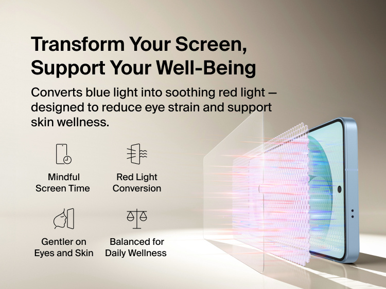 Belkin ScreenForce Titan EcoGuard Red Light Screen Protector for Samsung Galaxy S26 shown converting blue light into red light to support eye comfort, mindful screen time, and everyday screen wellness.