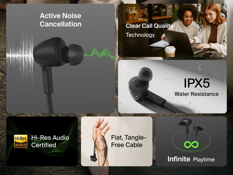 Belkin SoundForm ANC Wired Earbuds with USB-C® featuring active noise cancellation, IPX5 water resistance, Hi-Res audio, tangle-free cable, and clear call quality.