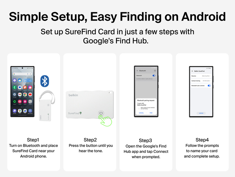 Four-step guide shows how to set up Belkin SureFind Card with Google Find Hub using Bluetooth and an Android phone.