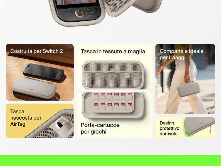 Illustrazione di un supporto di ricarica magnetica compatto 3 in 1 BoostCharge Belkin che ricarica un iPhone, un Apple Watch e gli AirPods tramite la tecnologia di ricarica wireless rapida Qi2.