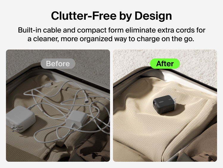 Belkin UltraCharge Retractable GaN Wall Charger 67W with built-in retractable USB-C cable shown in before-and-after travel packing comparison highlighting clutter-free compact charging design.