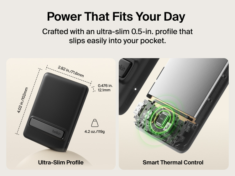 Belkin BoostCharge Slim Magnetic Power Bank 5K with Qi2 highlighting an ultra-slim, lightweight design with smart thermal control for safe, pocket-friendly portable charging.