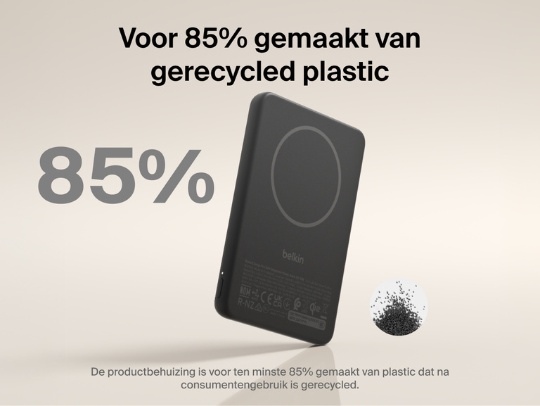 Belkin BoostCharge Slim Magnetic Power Bank 5K with Qi2 shown made with at least 85 percent post-consumer recycled plastic for a more sustainable portable charging solution.