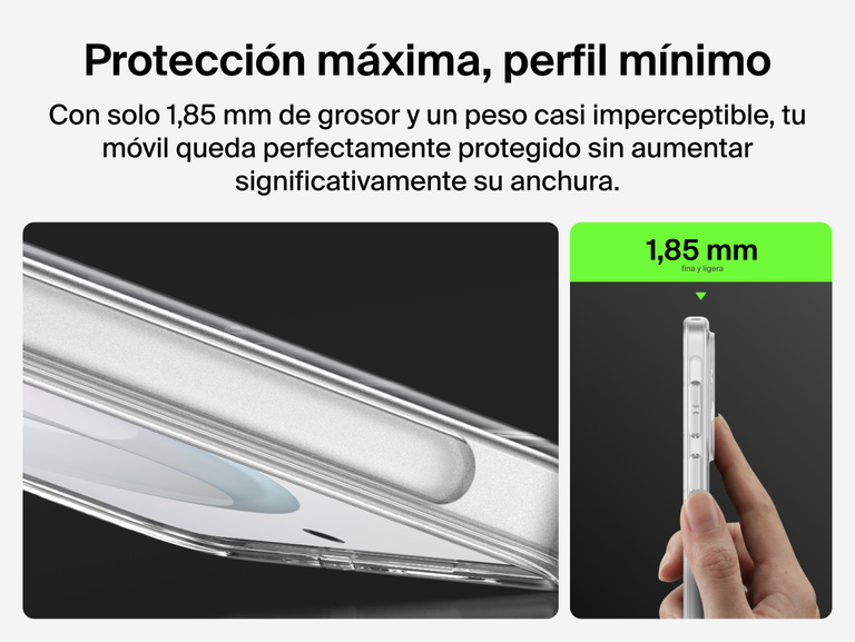 Belkin SheerForce Clear Series Case for Samsung Galaxy S26 shown in side profile, highlighting a slim 1.85 mm design that adds minimal thickness while delivering durable, everyday phone protection.