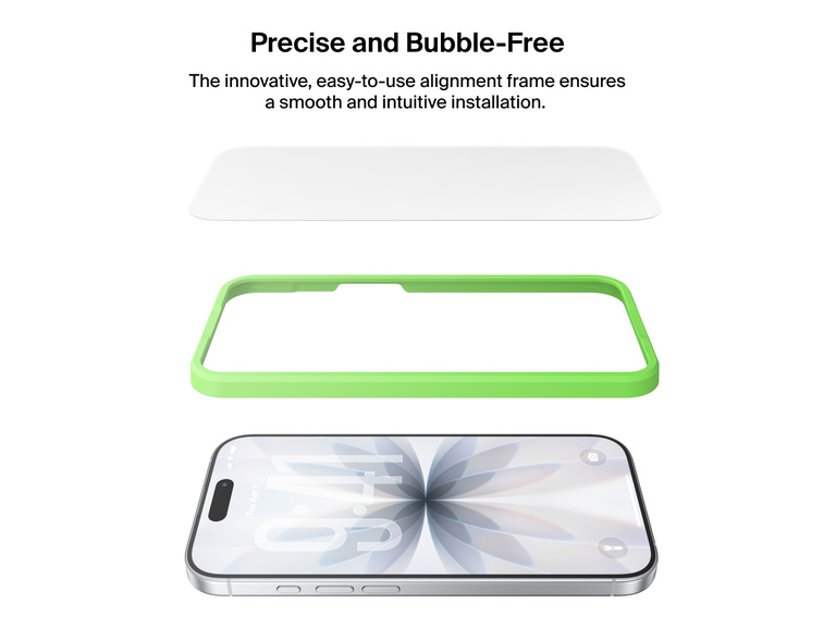 Belkin ScreenForce TemperedGlass Screen Protector with precise, bubble-free installation using an easy-to-use alignment tray for flawless iPhone protection.
