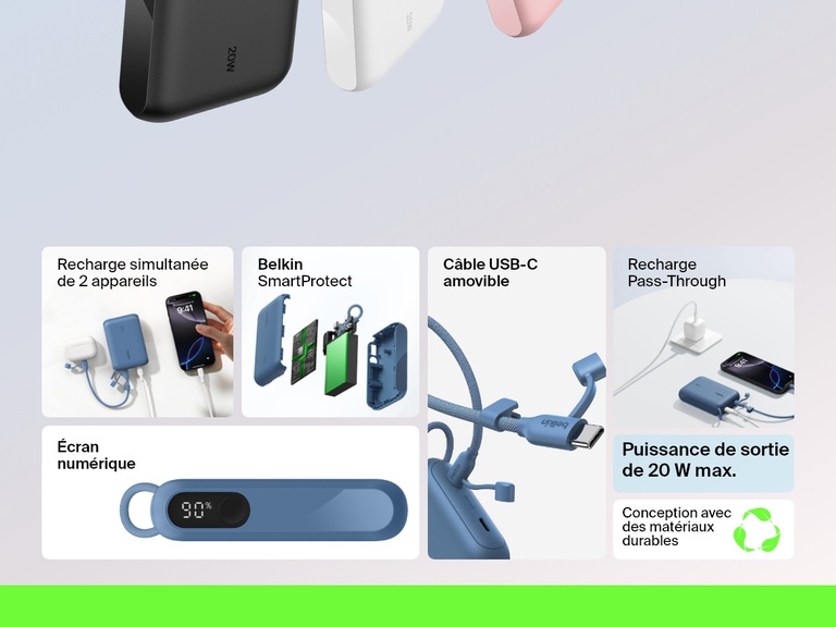Infographie mettant en avant les fonctionnalités essentielles de la batterie externe 10K Belkin BoostCharge avec écran intégré, et notamment sa puissance de sortie de 20 W, la recharge simultanée de deux appareils, l’affichage numérique du niveau de batterie, le câble USB-C détachable, la recharge Pass-Through, la fonction Belkin SmartProtect et les matériaux durables.