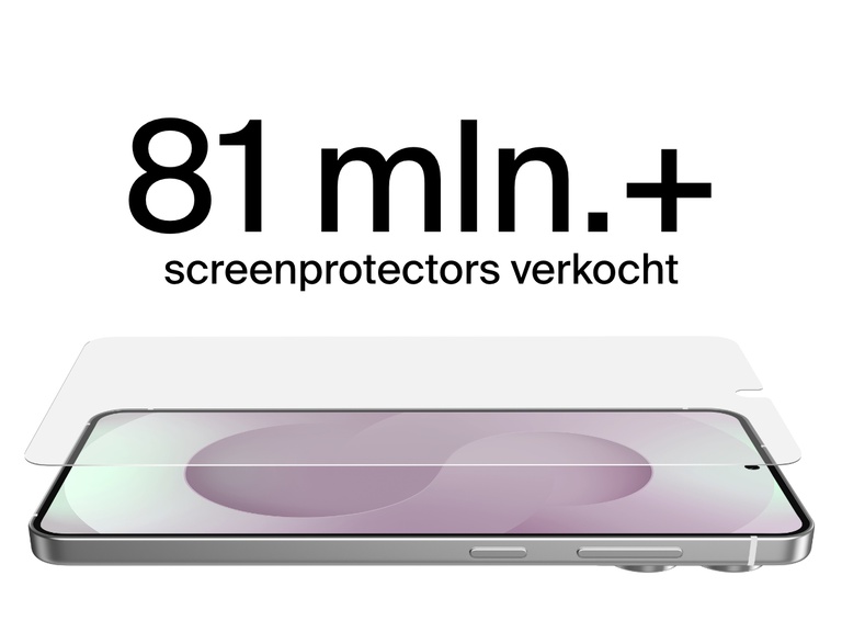Afbeelding van een Samsung Galaxy S25 Edge-telefoon waarop een screenprotector wordt aangebracht, waarbij vermeld staat dat er meer dan 81 miljoen screenprotectors zijn verkocht.