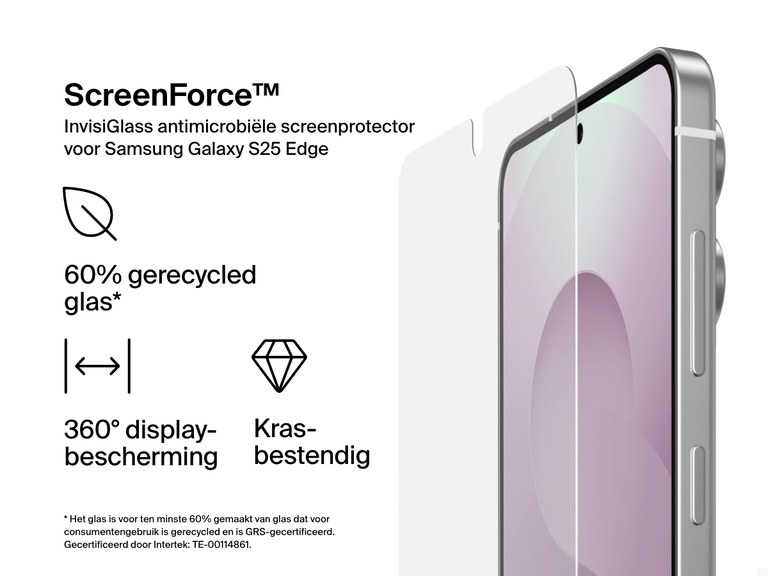 Marketingafbeelding van de Belkin ScreenForce InvisiGlass antimicrobiële screenprotector voor de Samsung Galaxy S25 Edge, met vermelding van kenmerken als krasbestendigheid, 360°-displaybescherming en gebruik van 60% gerecycled glas. Rechts is een telefoon met de screenprotector afgebeeld.