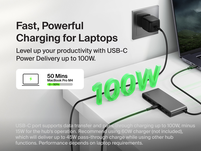 Belkin Connect 8-Port USB-C Hub with 2.5Gb Ethernet connected to a laptop and wall charger, demonstrating USB-C Power Delivery up to 100W for fast and efficient laptop charging.
