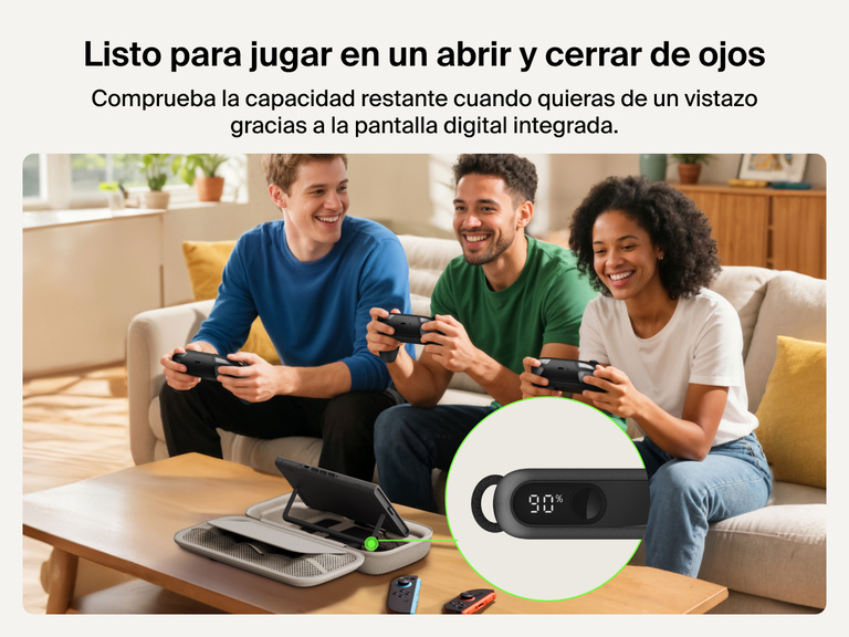 Group of friends gaming on Nintendo Switch 2 while the Belkin Gaming Charging Case powers a console, featuring a close-up of the built-in digital display showing 90% battery level.